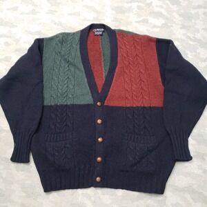 Vintage Faconnable Cardigan Sweater Mens XL Blue Cable Knit V-Neck Shetland Wool